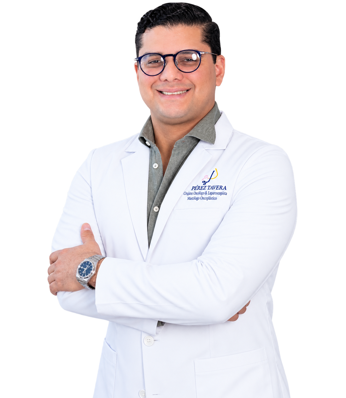 Retrato del Dr. Digno Pérez Tavera con bata blanca y brazos cruzados